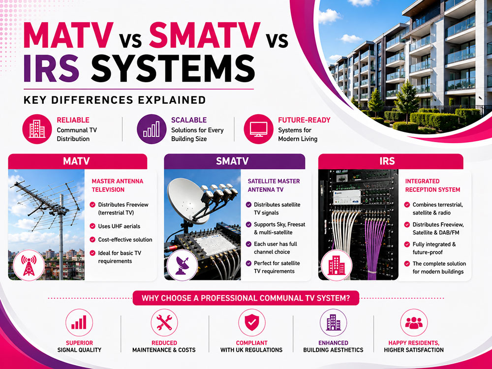 What Is the Difference Between MATV, SMATV, and IRS Systems in London & Surrey?
